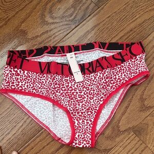 Victoria's Secret Red & White Leopard Print Bikini Briefs with Logo Waistband